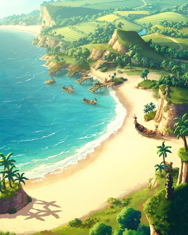 May include: A digital illustration of a tropical coastline featuring a sandy beach, turquoise ocean water, and lush green hills. Several small wooden boats are anchored near wooden piers, while a larger boat rests on the shore near palm trees.