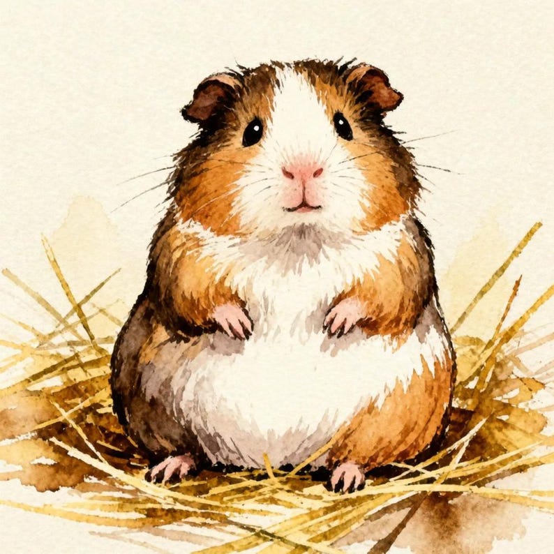 Puede incluir: Una ilustraci&oacute;n en acuarela de un conejillo de indias con pelaje marr&oacute;n, blanco y bronceado. El animal est&aacute; en posici&oacute;n sentada, mirando hacia adelante con ojos oscuros y nariz rosada, rodeado de trozos de paja amarilla seca sobre un fondo claro.