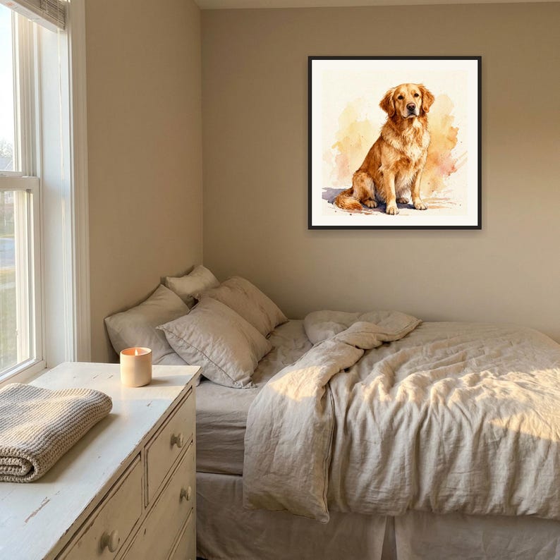 May include: A square framed wall art print featuring a watercolor illustration of a golden retriever dog sitting down. The dog has golden-brown fur and is depicted against a soft, abstract wash of warm yellow and orange tones on a white background.