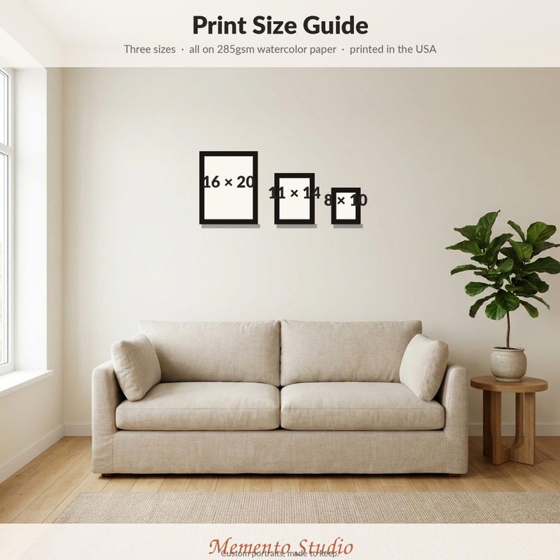 May include: A print size guide featuring three black rectangular frames on a wall with text labels 16 x 20, 11 x 14, and 8 x 10 inches. The text at the top reads Print Size Guide, Three sizes, all on 285gsm watercolor paper, printed in the USA.