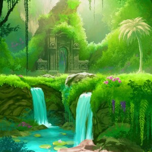 May include: A digital illustration of a lush jungle landscape featuring two waterfalls cascading into a turquoise pond with lily pads. In the background, an ancient stone archway stands overgrown with vibrant green moss and dense tropical foliage.