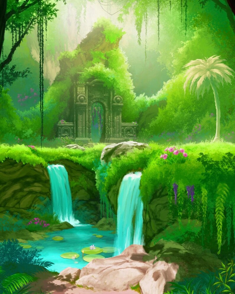 May include: A digital illustration of a lush jungle landscape featuring two waterfalls cascading into a turquoise pond with lily pads. In the background, an ancient stone archway stands overgrown with vibrant green moss and dense tropical foliage.