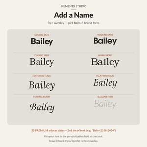 May include: A Memento Studio graphic displaying eight font options for a name overlay. The text reads Add a Name, followed by Classic Sans, Modern Sans, Classic Serif, Warm Serif, Editorial Italic, Palatino Italic, Formal Script, and Elegant Thin.