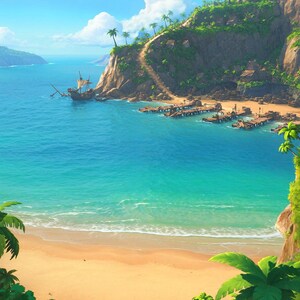 May include: A tropical coastal landscape featuring a sandy beach, turquoise ocean water, and a rocky cliffside with lush green vegetation. A wooden pier extends into the water near a small wooden ship anchored in the bay under a bright blue sky.