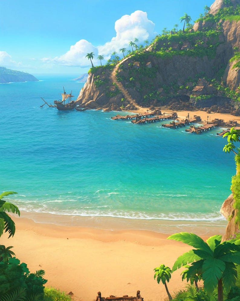 May include: A tropical coastal landscape featuring a sandy beach, turquoise ocean water, and a rocky cliffside with lush green vegetation. A wooden pier extends into the water near a small wooden ship anchored in the bay under a bright blue sky.