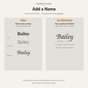 May include: A Memento Studio graphic displaying name overlay options. The left column shows three font styles for the name Bailey: Lato, Lato Light, and Memento. The right column shows a script font option with dates 2018-2024 and text.