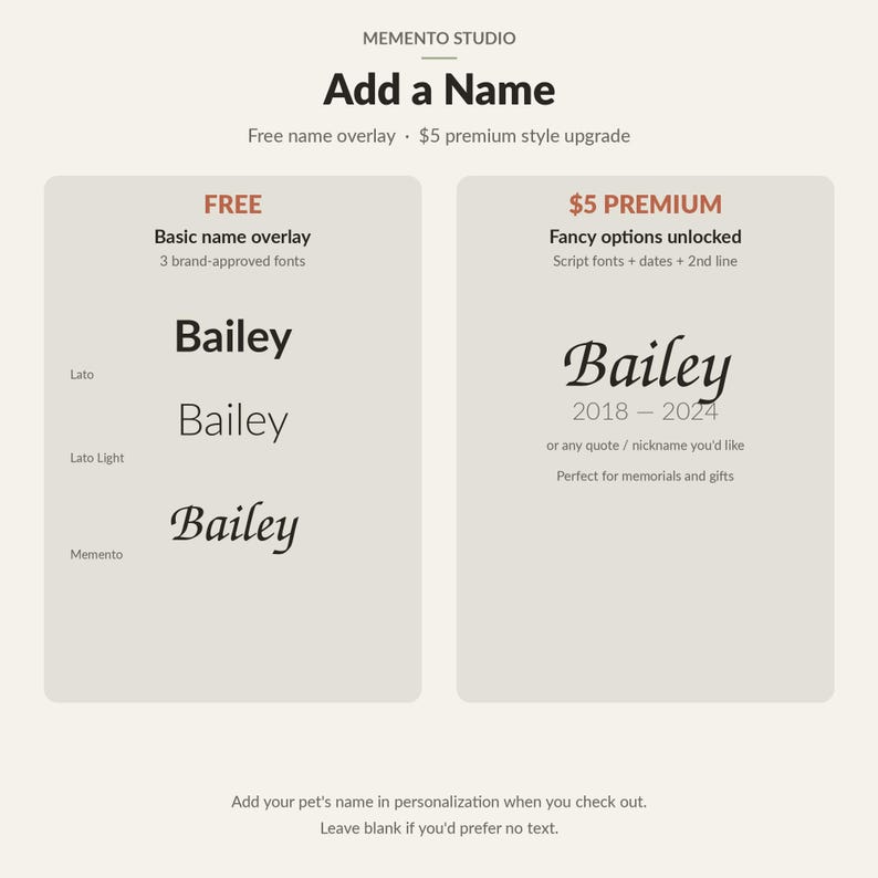 May include: A Memento Studio graphic displaying name overlay options. The left column shows three font styles for the name Bailey: Lato, Lato Light, and Memento. The right column shows a script font option with dates 2018-2024 and text.