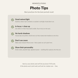 Puede incluir: Un gr&aacute;fico informativo titulado Memento Studio Photo Tips con una lista de cinco mejores pr&aacute;cticas para fotograf&iacute;a de retrato, incluyendo el uso de luz natural, mantener el enfoque, evitar sombras duras, no usar zoom y mostrar la personalidad.