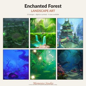May include: A collection of six landscape art illustrations titled Enchanted Forest Landscape Art, featuring 23 designs available as digital or printed files in 4 sizes. The images depict various fantasy scenes with green forests, waterfalls, pagodas, and glowing lights.