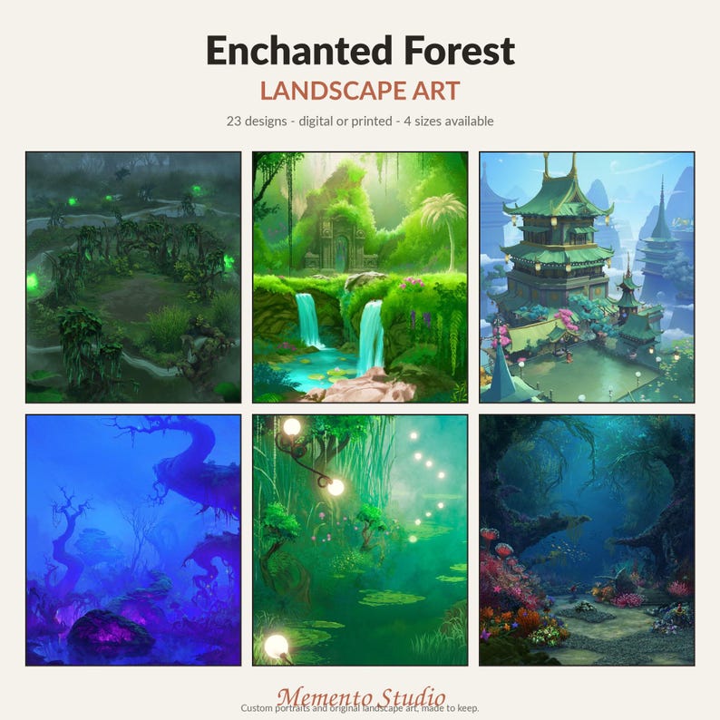 May include: A collection of six landscape art illustrations titled Enchanted Forest Landscape Art, featuring 23 designs available as digital or printed files in 4 sizes. The images depict various fantasy scenes with green forests, waterfalls, pagodas, and glowing lights.