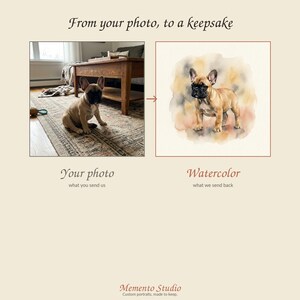 May include: A side-by-side comparison showing a photograph of a fawn French Bulldog on a rug and a corresponding watercolour painting of the same dog. Text reads: From your photo, to a keepsake, Your photo, what you send us, Watercolour, what we send back, Memento Studio, Custom portraits, made to keep.