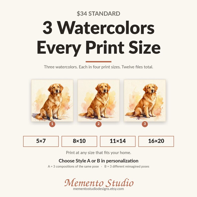 May include: A digital product listing featuring three watercolour illustrations of a golden retriever. Text includes 3 Watercolours Every Print Size, Three watercolours. Each in four print sizes. Twelve files total., 5x7, 8x10, 11x14, 16x20, Choose Style A or B in personalisation, and Memento Studio.