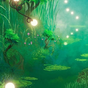 May include: A digital illustration of a lush green forest scene featuring glowing spherical lamps attached to dark, curved branches. The environment includes dense foliage, small pink flowers, and lily pads floating on water, with soft light.