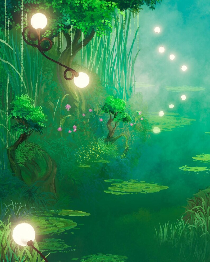 May include: A digital illustration of a lush green forest scene featuring glowing spherical lamps attached to dark, curved branches. The environment includes dense foliage, small pink flowers, and lily pads floating on water, with soft light.