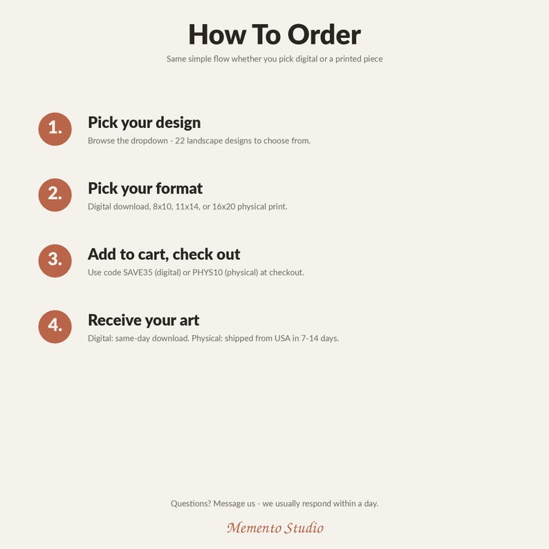 May include: An informational graphic titled How To Order with four numbered steps in terracotta circles. It outlines selecting a design, choosing a format including 8x10, 11x14, or 16x20 sizes, checking out with codes SAVE35 or PHYS10, and receiving art. Memento Studio is at the bottom.