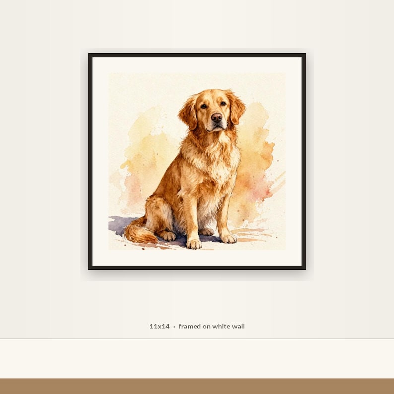 May include: A framed 11x14 inch wall art print featuring a watercolor illustration of a golden retriever sitting. The dog has golden-brown fur and is depicted against a soft, abstract wash of warm yellow and orange tones within a black frame.