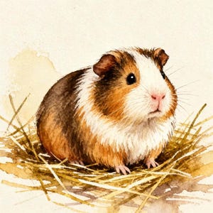 Puede incluir: Una ilustraci&oacute;n en acuarela de un cobaya con pelaje marr&oacute;n, blanco y negro sentado sobre un mont&oacute;n de heno seco. El peque&ntilde;o roedor tiene la cara blanca, ojos oscuros y nariz rosada, representado con suaves pinceladas sobre un fondo crema.
