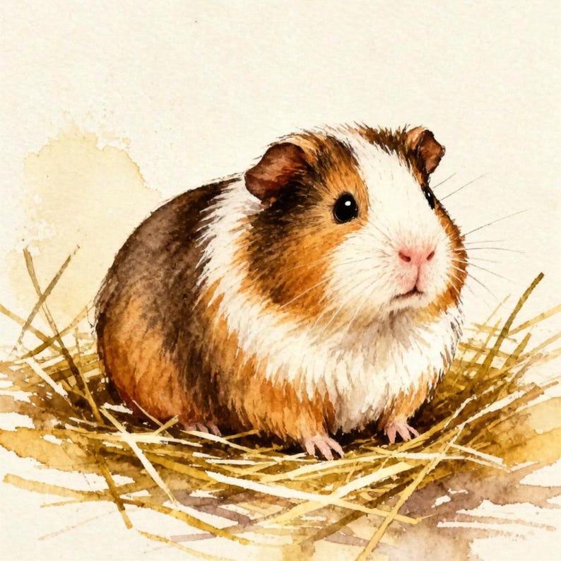 Puede incluir: Una ilustraci&oacute;n en acuarela de un cobaya con pelaje marr&oacute;n, blanco y negro sentado sobre un mont&oacute;n de heno seco. El peque&ntilde;o roedor tiene la cara blanca, ojos oscuros y nariz rosada, representado con suaves pinceladas sobre un fondo crema.