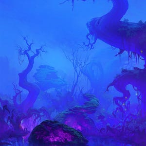 May include: A digital illustration of a dark, swampy landscape dominated by deep blue and purple hues. Twisted, leafless trees with hanging vines rise from a reflective pool of water, while glowing purple moss illuminates the rocky terrain.