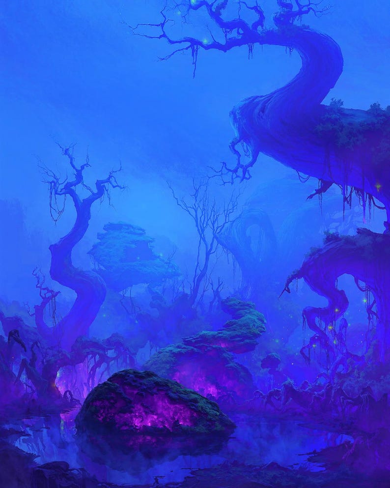 May include: A digital illustration of a dark, swampy landscape dominated by deep blue and purple hues. Twisted, leafless trees with hanging vines rise from a reflective pool of water, while glowing purple moss illuminates the rocky terrain.