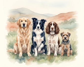Digital Mini Multi-Dog Family Portrait Set - 3 Watercolors From Your Photo - Custom Two Dog Watercolor - Digital Download - 5x7