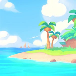 May include: A digital illustration of a tropical island scene featuring a sandy beach, turquoise ocean water, and two palm trees with coconuts. In the distance, a small sailboat floats on the horizon under a bright blue sky with large white clouds.