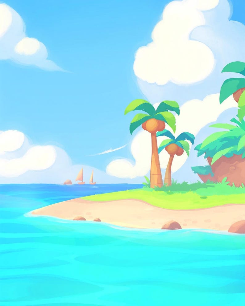 May include: A digital illustration of a tropical island scene featuring a sandy beach, turquoise ocean water, and two palm trees with coconuts. In the distance, a small sailboat floats on the horizon under a bright blue sky with large white clouds.