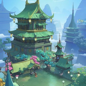 May include: A multi-tiered pagoda with green tiled roofs and gold accents, featuring hanging lanterns, pink flowering trees, and a central courtyard. The structure is surrounded by floating islands, misty mountains, and a clear blue sky with clouds.