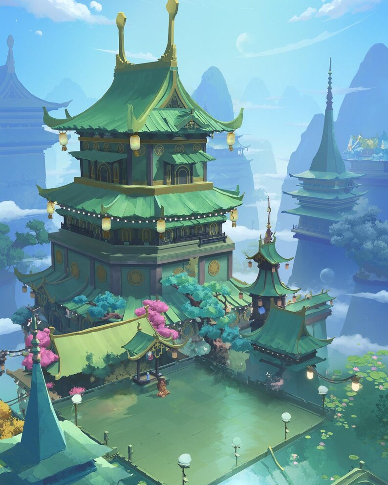 May include: A multi-tiered pagoda with green tiled roofs and gold accents, featuring hanging lanterns, pink flowering trees, and a central courtyard. The structure is surrounded by floating islands, misty mountains, and a clear blue sky with clouds.