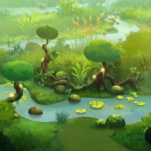 May include: A digital illustration of a lush green wetland landscape featuring a winding blue stream, lily pads, mossy rocks, and stylized trees with rounded canopies. The scene includes tall grasses, glowing light accents, and a small bridge in the distance.