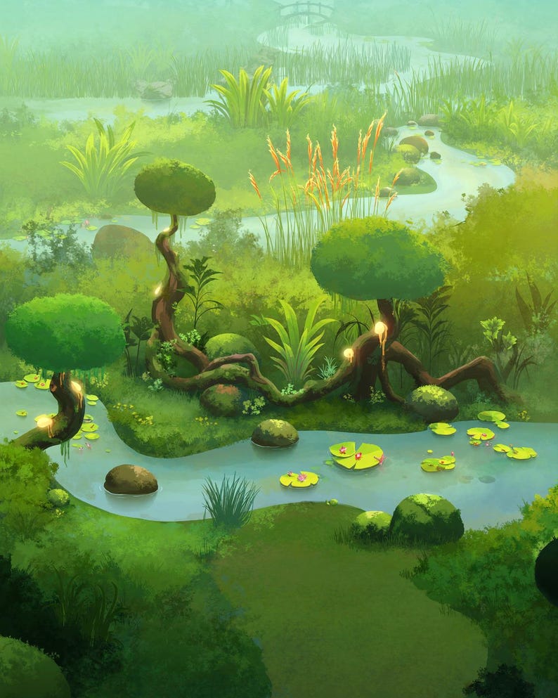 May include: A digital illustration of a lush green wetland landscape featuring a winding blue stream, lily pads, mossy rocks, and stylized trees with rounded canopies. The scene includes tall grasses, glowing light accents, and a small bridge in the distance.