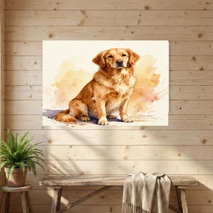 May include: A rectangular wall art print featuring a watercolor illustration of a golden retriever dog sitting down. The dog has long, golden-brown fur and is depicted against a soft, abstract wash of warm yellow and orange watercolor tones.
