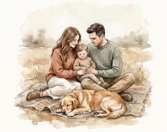 Digital Mini Family With Dog Portrait Set - 3 Watercolors From Your Photo - Custom Family Pet Watercolor - Digital Download - 5x7