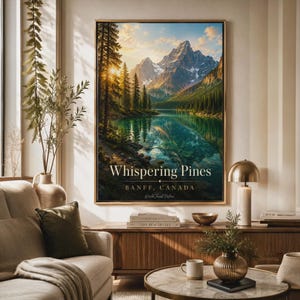 Banff Canada Mountain Lake Wall Art Printable, Whispering Pines Nature Landscape Poster, Cabin Decor, Instant Download