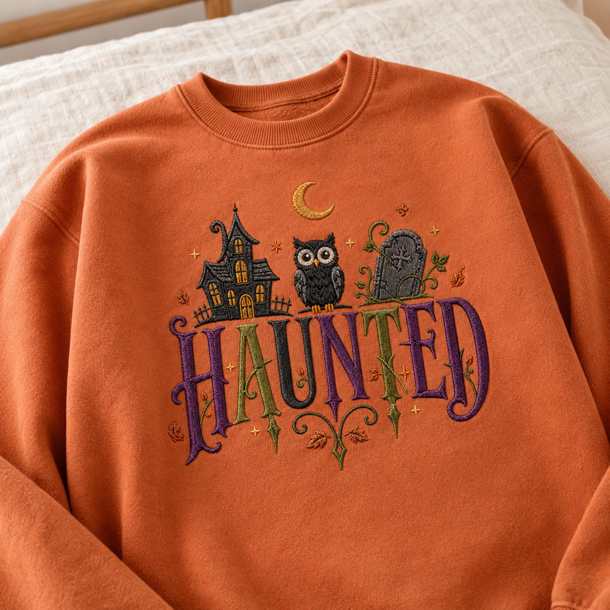 Embroidered Haunted Halloween Sweatshirt, Spooky Owl Haunted House Crewneck, Vintage Fall Sweater, C