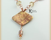 Geometric Flower, Inlay Copper into Bronze Metal Clay with Hand Painted Glass, Crystals, Handmade Copper Diamonds, Copper Chain, Quartz