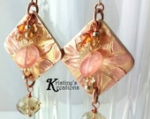 Geometric Flower Earrings,Bronze and Copper Inlay Metal Clay,Copper Chain,Swarovski Crystals,Striated Peach Quartz,Sterling Silver Beads