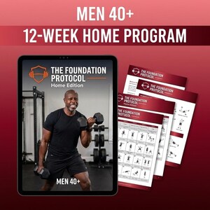 May include: A digital tablet displaying a 12-week home workout program titled The Foundation Protocol Home Edition, featuring a person lifting dumbbells. Beside the tablet are printed pages showing exercise routines and the program title.