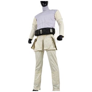 May include: A costume ensemble featuring a light lavender mock-neck top with cream-colored sleeves, paired with cream-colored trousers that have large side pockets. A black utility belt with multiple rectangular pouches is worn around the waist.