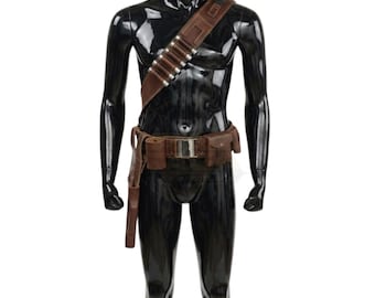 Ensemble ceinture pistolet Din Djarin en cuir mandalorien — gréement pour costume de cosplay avec bandoulière, étui et pochette à munitions, sourcils