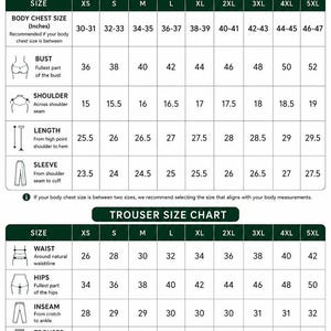 May include: A size chart for suits featuring two tables with measurements in inches. The top table lists jacket sizes from XS to 5XL for chest, bust, shoulder, length, and sleeve. The bottom table lists trouser sizes for waist, hips, inseam, and length.