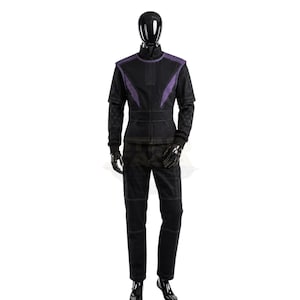 May include: A black long-sleeved jacket and matching trousers set featuring purple shoulder accents, a high collar, and a quilted pattern on the sleeves. The jacket includes vertical line detailing on the chest and visible stitching throughout the garment.