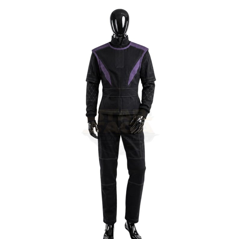 May include: A black long-sleeved jacket and matching trousers set featuring purple shoulder accents, a high collar, and a quilted pattern on the sleeves. The jacket includes vertical line detailing on the chest and visible stitching throughout the garment.