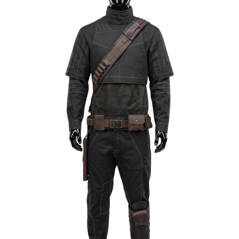 Fantasia de Din Djarin, o Mandaloriano, feita à mão, preta, para cosplay, com cinto e faixa de couro, para adultos, ideal para o Halloween, presente de Star Wars 2026. imagem 2