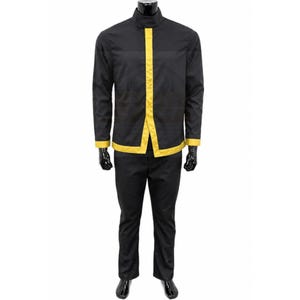 May include: A black long-sleeved jacket with a high collar and a vertical yellow stripe down the center front, paired with matching black trousers. The jacket features yellow trim along the bottom hem and sleeve cuffs, creating a uniform look.
