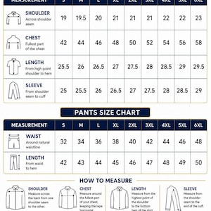 Puede incluir: Una tabla de tallas para camisas y pantalones con medidas en pulgadas. Incluye una tabla de tallas de camisas, una tabla de tallas de pantalones y una gu&iacute;a de c&oacute;mo medir con ilustraciones para hombros, pecho, largo, mangas y cintura.