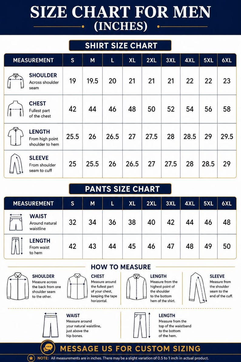 Puede incluir: Una tabla de tallas para camisas y pantalones con medidas en pulgadas. Incluye una tabla de tallas de camisas, una tabla de tallas de pantalones y una gu&iacute;a de c&oacute;mo medir con ilustraciones para hombros, pecho, largo, mangas y cintura.