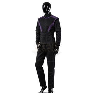 May include: A black and purple tactical-style outfit on a mannequin, featuring a short-sleeved top with purple accents, a high collar, and long sleeves with a geometric grid pattern. The matching black trousers have visible white stitching.