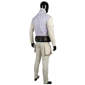 May include: A costume set featuring a light lavender vest with a high collar, long-sleeved cream-colored shirt, and matching cream trousers. The outfit includes a wide black utility belt and two large, square-shaped pockets attached to the pants.