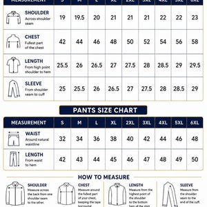 May include: A size chart for shirts and pants with measurements in inches. It includes a shirt size chart, a pants size chart, and a how-to-measure guide with illustrations for shoulder, chest, length, sleeve, and waist measurements.